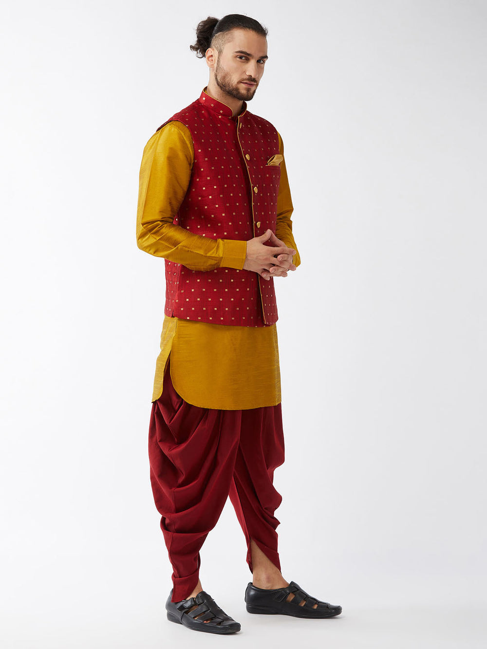 Sarvati Men's Maroon Zari Weaved Jacket With Kurta Dhoti Set