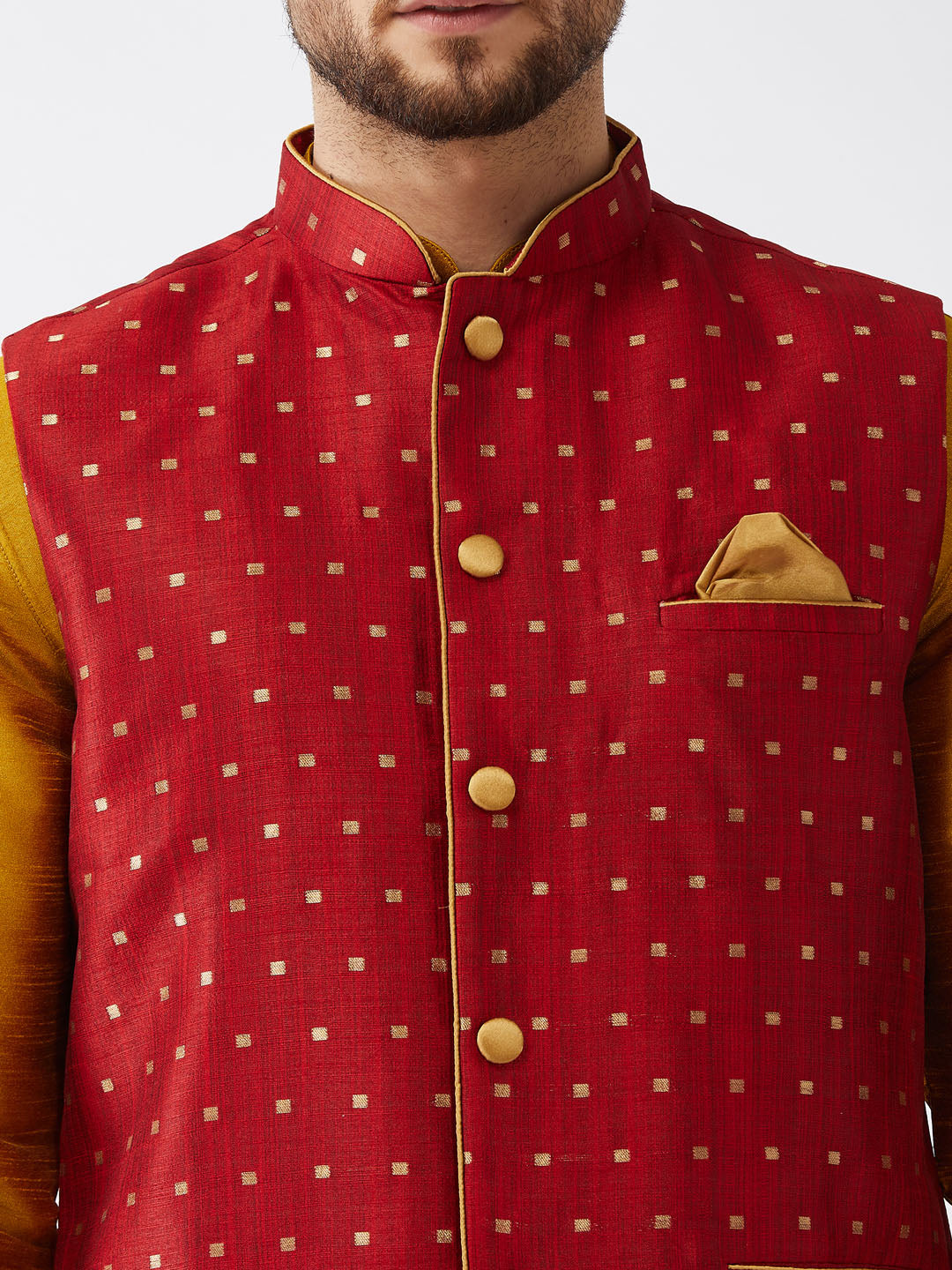 Sarvati Men's Maroon Zari Weaved Jacket With Kurta Dhoti Set