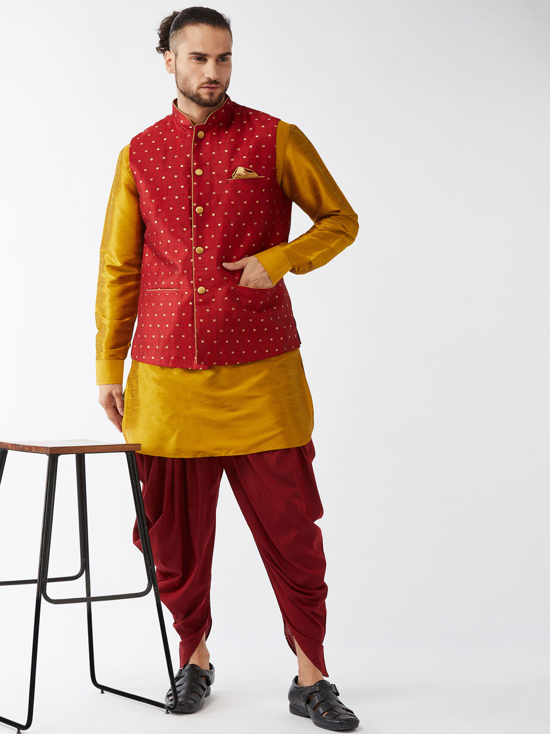 Sarvati Men's Maroon Zari Weaved Jacket With Kurta Dhoti Set