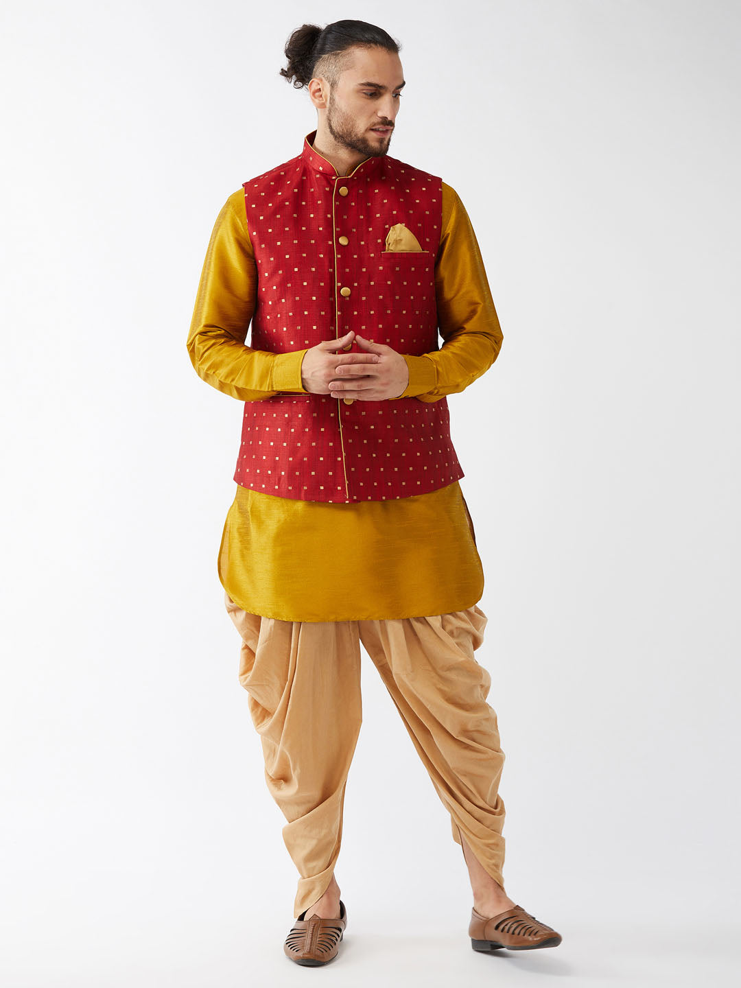 Sarvati Men's Maroon Zari Weaved Jacket With Kurta Dhoti Set