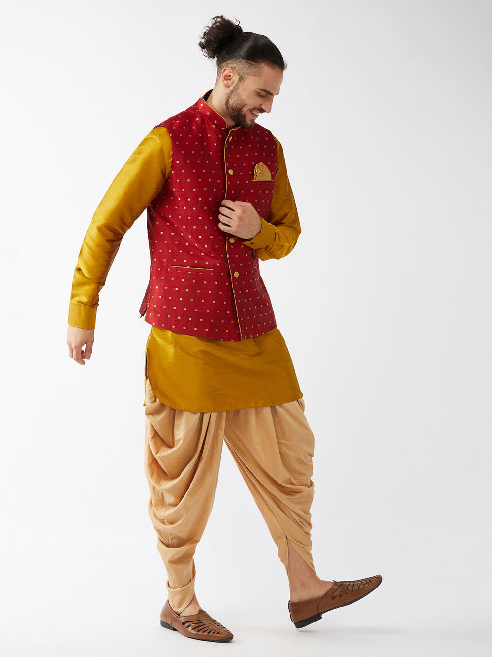 Sarvati Men's Maroon Zari Weaved Jacket With Kurta Dhoti Set