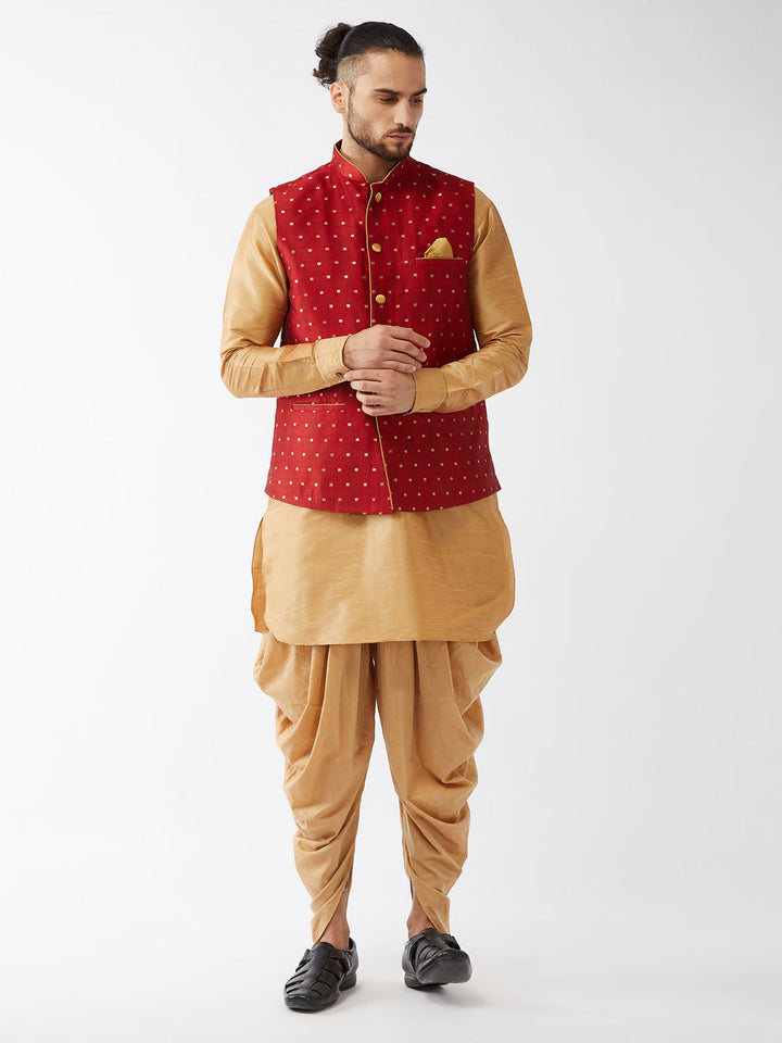 Sarvati Men's Maroon Zari Weaved Jacket With Kurta Dhoti Set