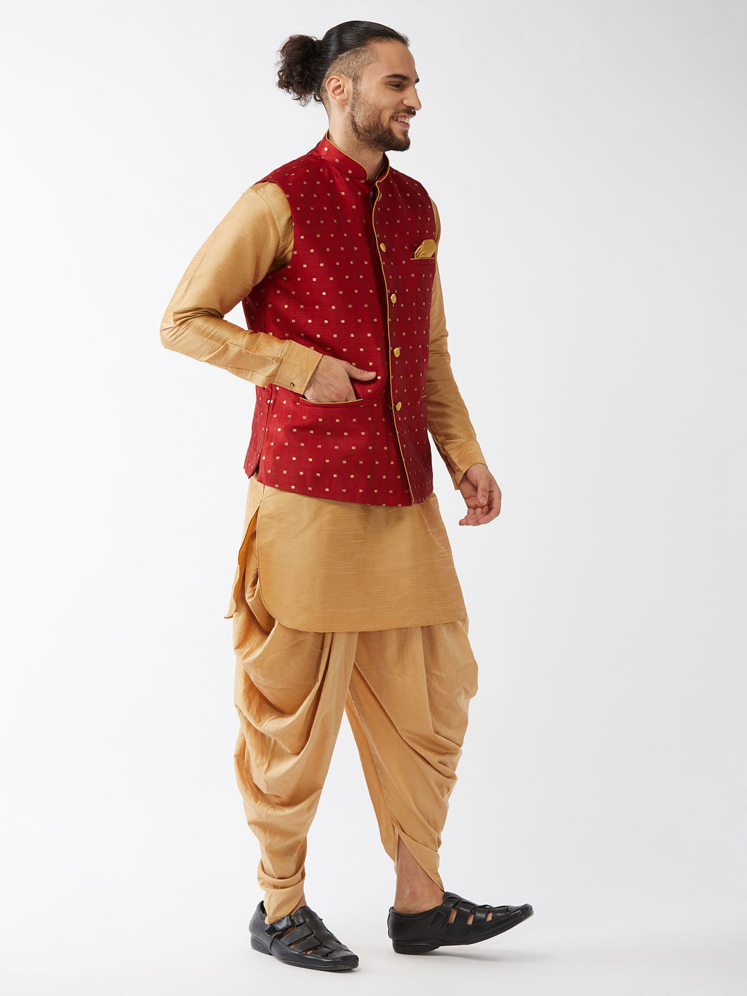 Sarvati Men's Maroon Zari Weaved Jacket With Kurta Dhoti Set