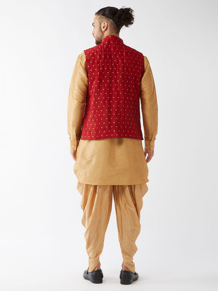 Sarvati Men's Maroon Zari Weaved Jacket With Kurta Dhoti Set