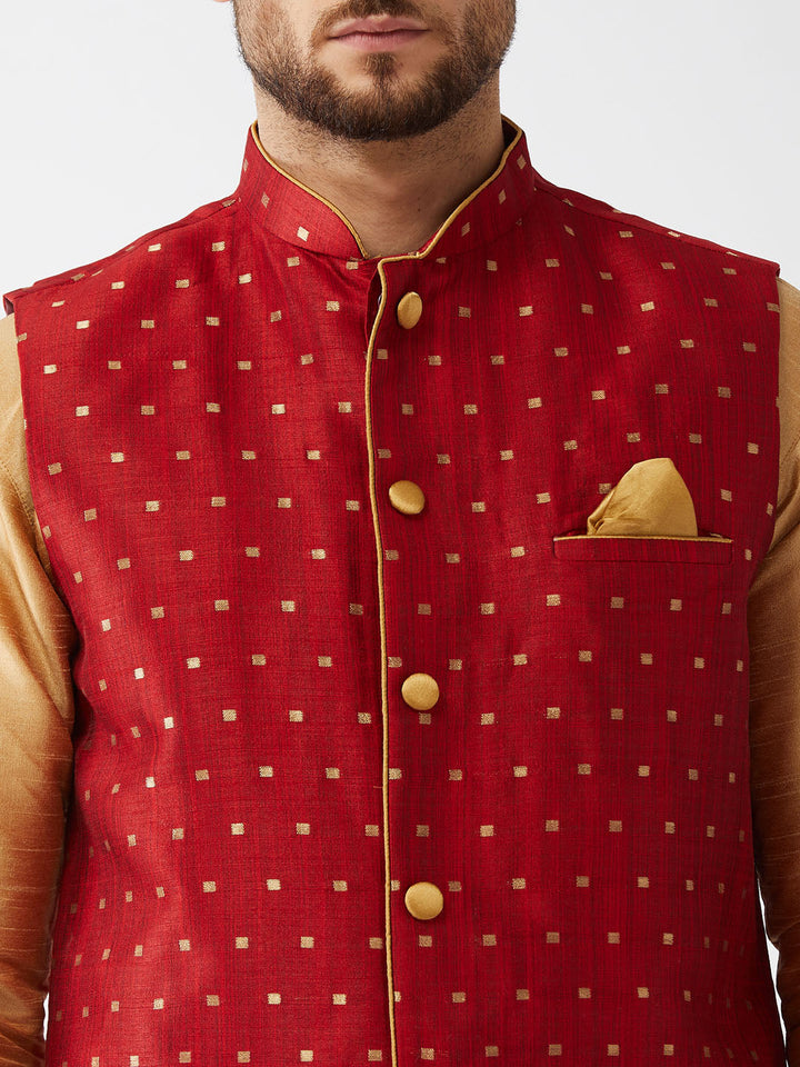 Sarvati Men's Maroon Zari Weaved Jacket With Kurta Dhoti Set