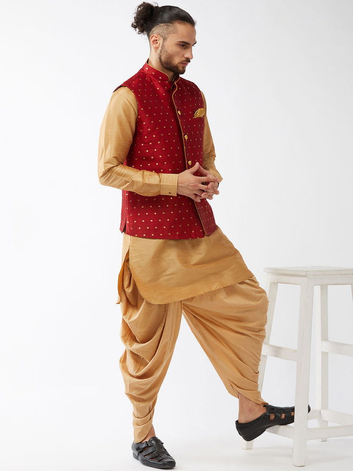 Sarvati Men's Maroon Zari Weaved Jacket With Kurta Dhoti Set