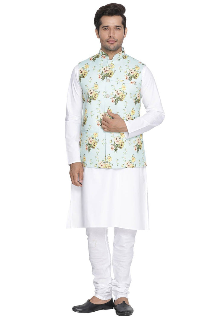 Sarvati Men's Multicolor Cotton Blend Kurta, Ethnic Jacket and Pyjama Set