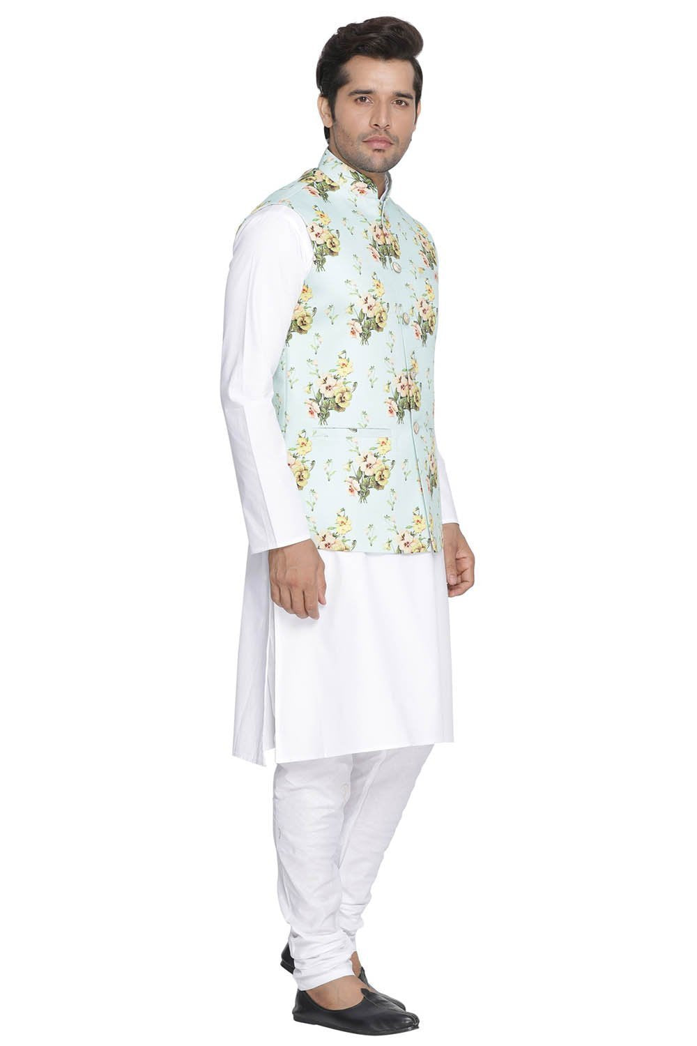 Sarvati Men's Multicolor Cotton Blend Kurta, Ethnic Jacket and Pyjama Set