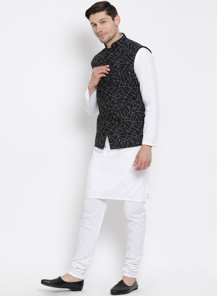 Sarvati Men's White Cotton Blend Kurta, Ethnic Jacket and Pyjama Set