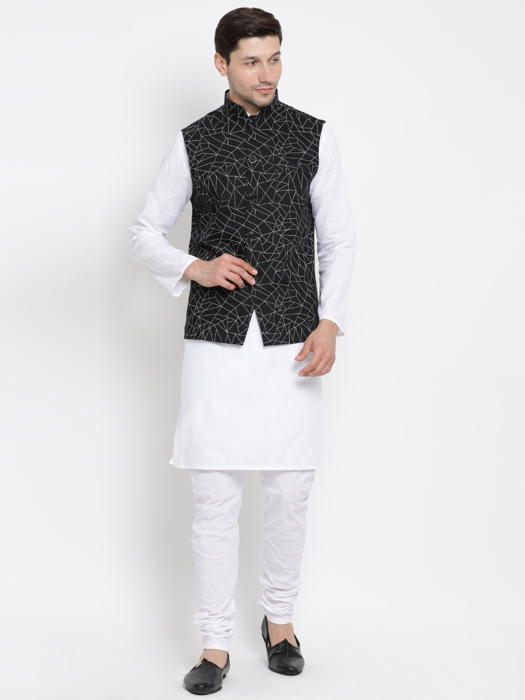 Sarvati Men's White Cotton Blend Kurta, Ethnic Jacket and Pyjama Set