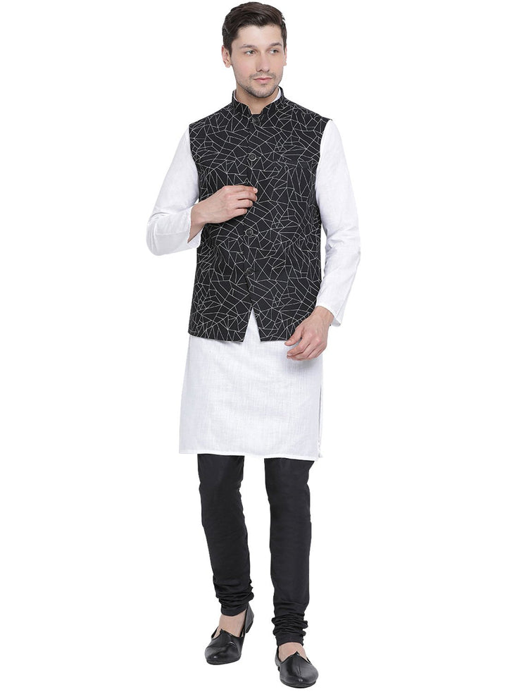 Sarvati Men's White Cotton Blend Kurta, Ethnic Jacket and Pyjama Set