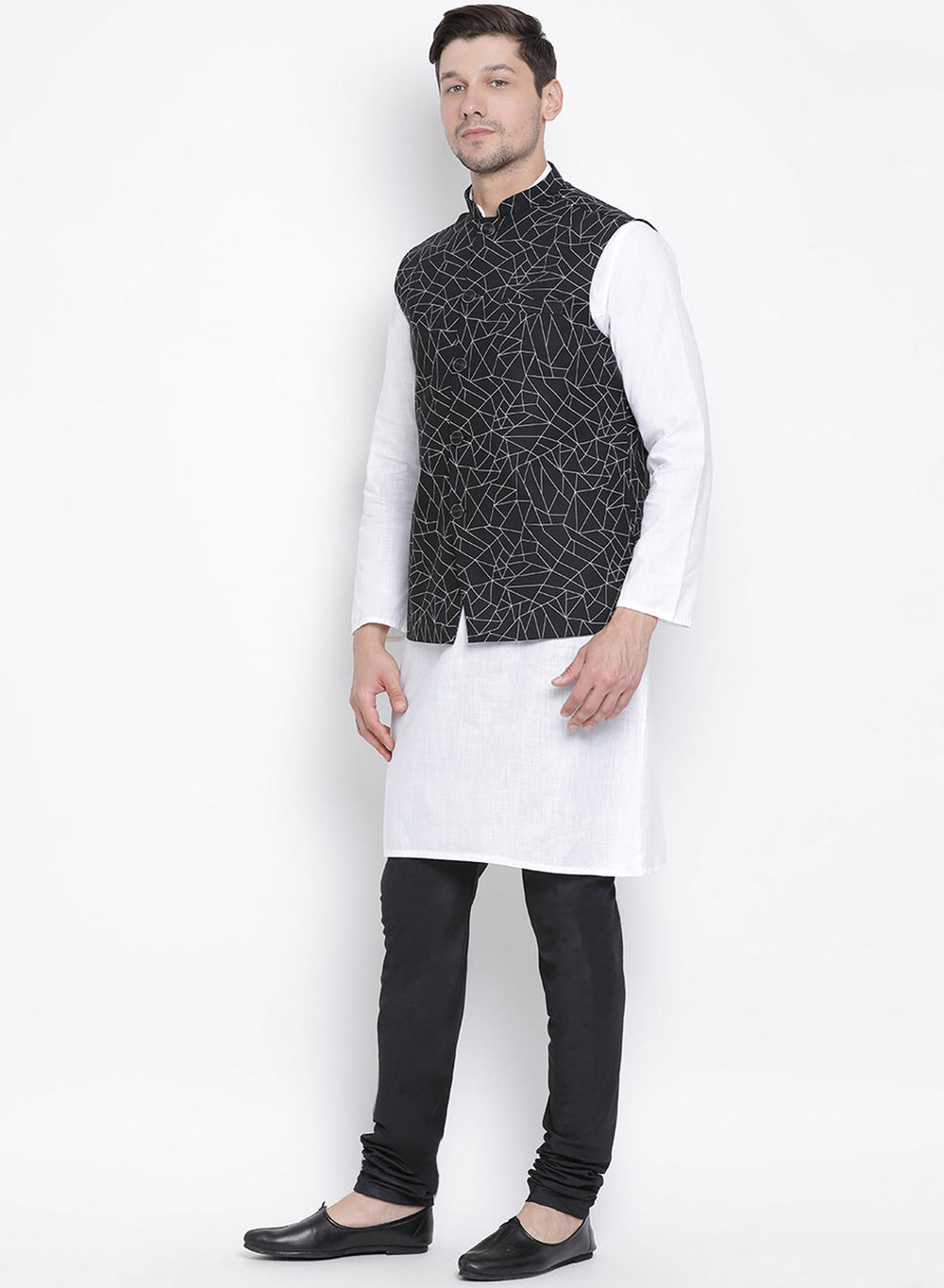 Sarvati Men's White Cotton Blend Kurta, Ethnic Jacket and Pyjama Set