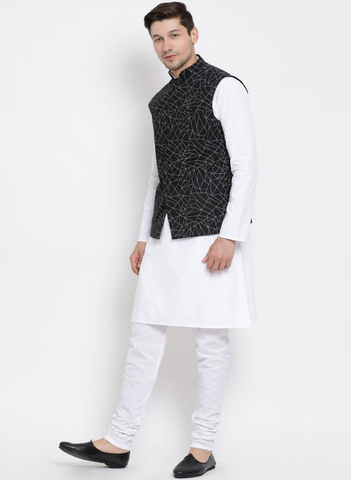 Sarvati Men's White Cotton Blend Kurta, Nehru Jacket and Pyjama Set