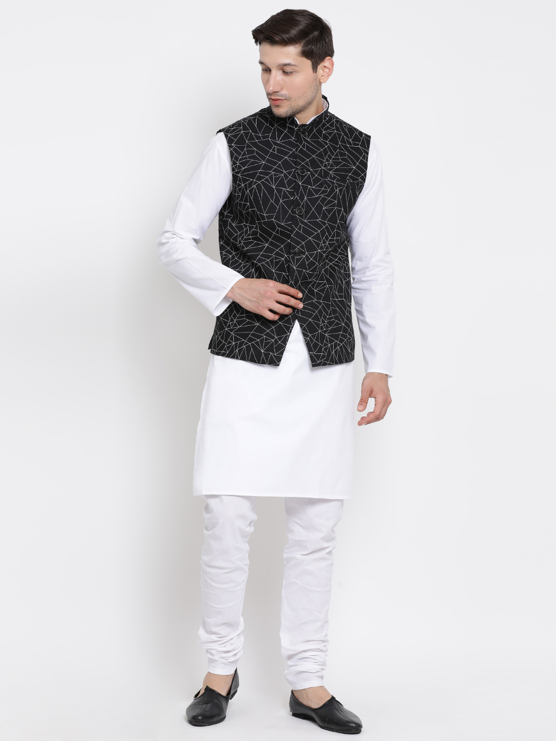 Sarvati Men's White Cotton Blend Kurta, Nehru Jacket and Pyjama Set