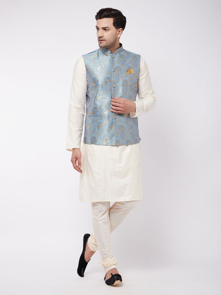 Sarvati Men's Viscose Cream Kurta And Pyjama With Grey Woven Nehru Jacket