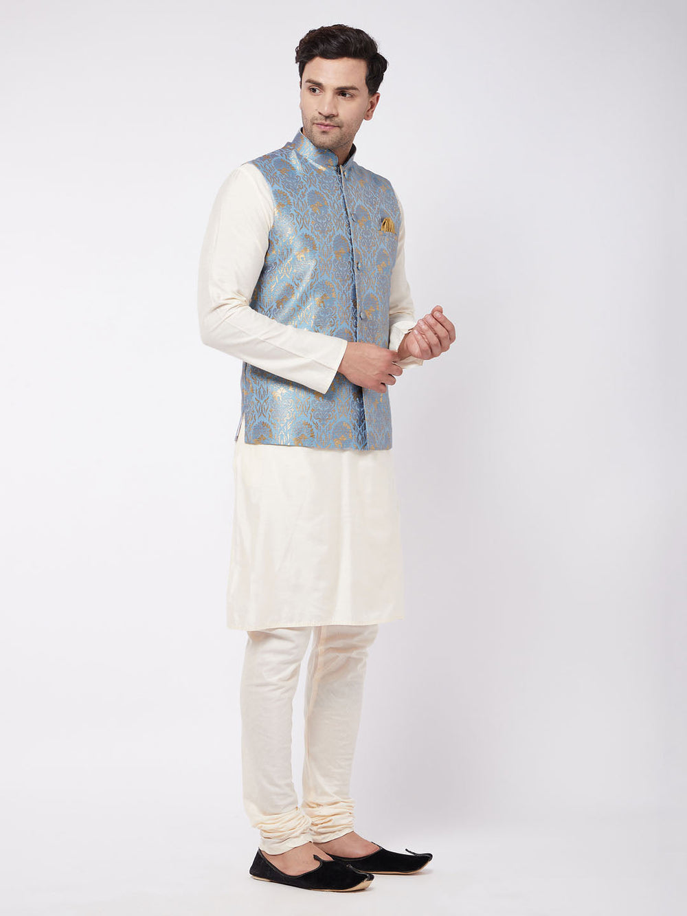 Sarvati Men's Viscose Cream Kurta And Pyjama With Grey Woven Nehru Jacket