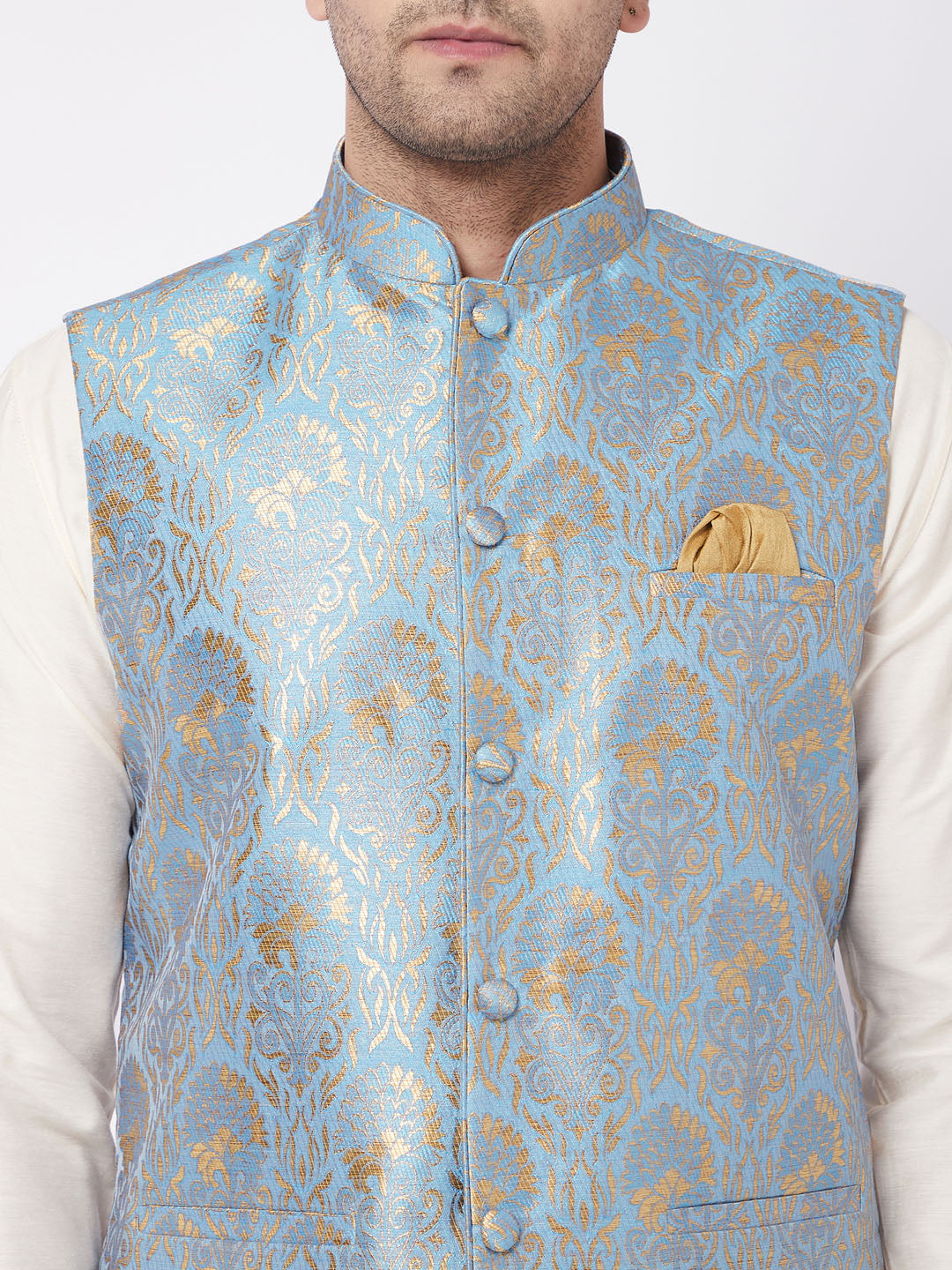 Sarvati Men's Viscose Cream Kurta And Pyjama With Grey Woven Nehru Jacket