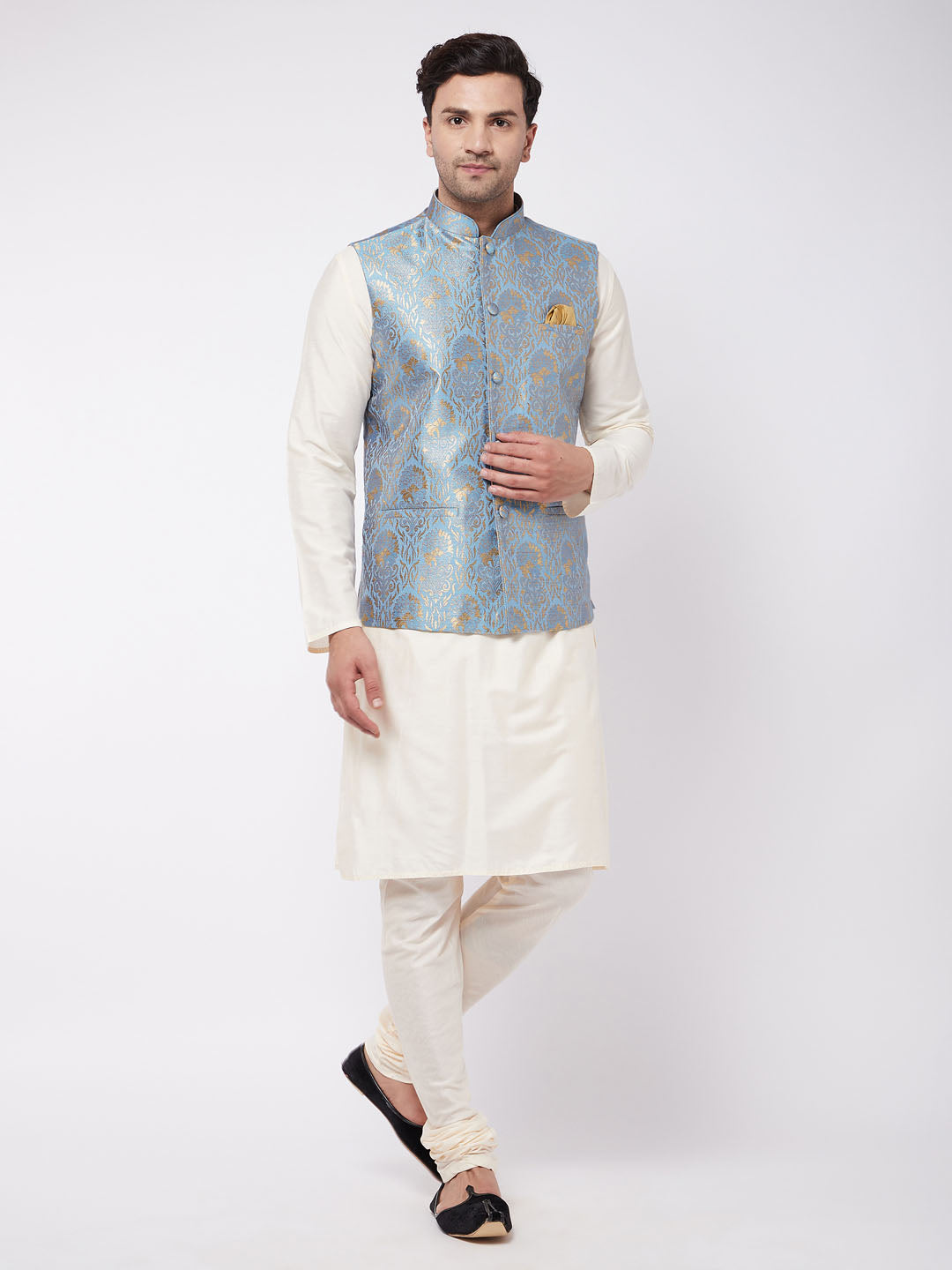 Sarvati Men's Viscose Cream Kurta And Pyjama With Grey Woven Nehru Jacket