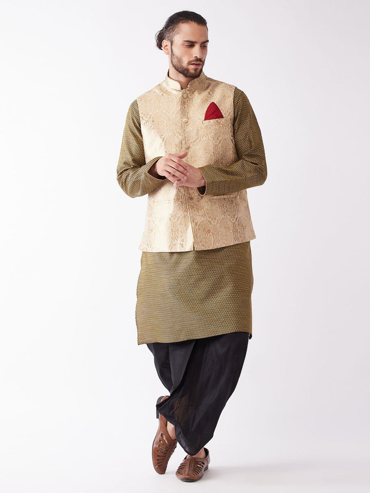 Sarvati Men's Rose Gold Jacquard Jacket With Kurta Dhoti Set