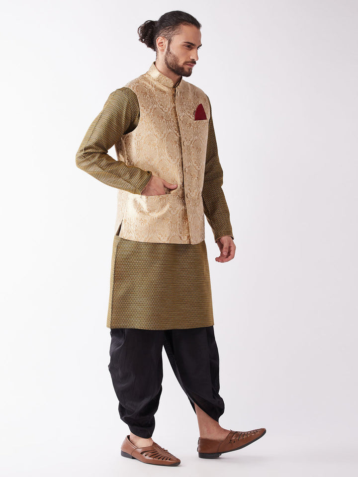 Sarvati Men's Rose Gold Jacquard Jacket With Kurta Dhoti Set