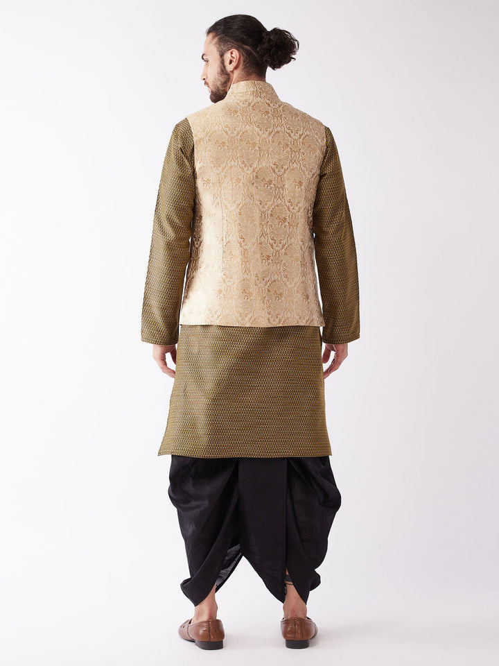 Sarvati Men's Rose Gold Jacquard Jacket With Kurta Dhoti Set