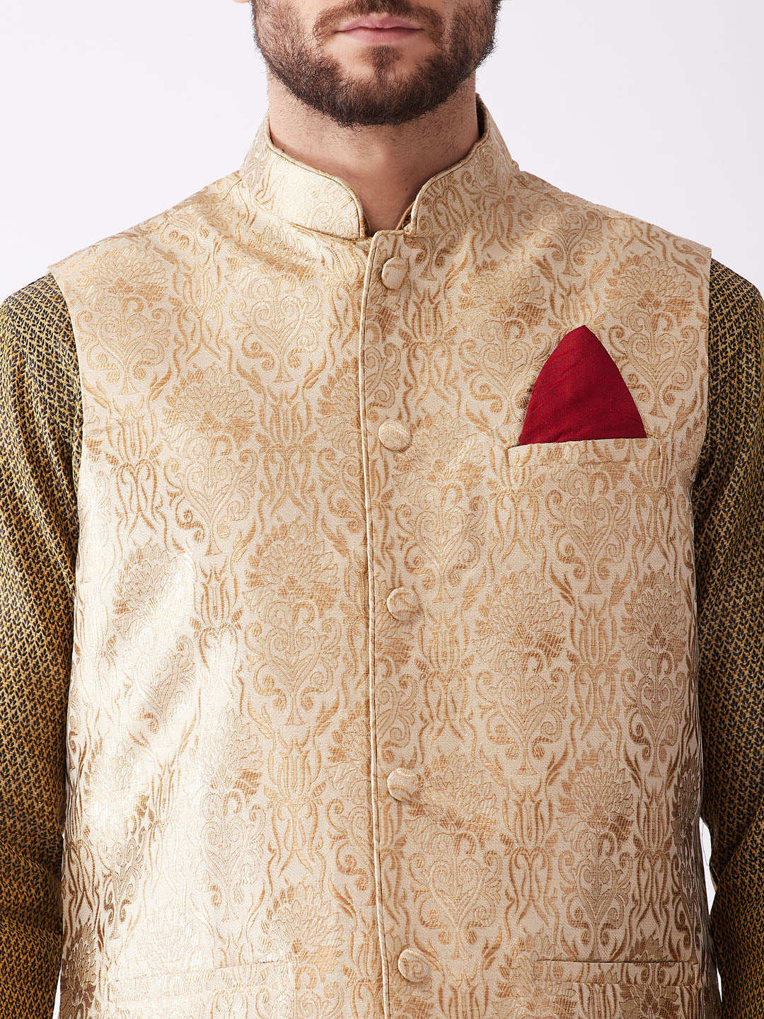 Sarvati Men's Rose Gold Jacquard Jacket With Kurta Dhoti Set