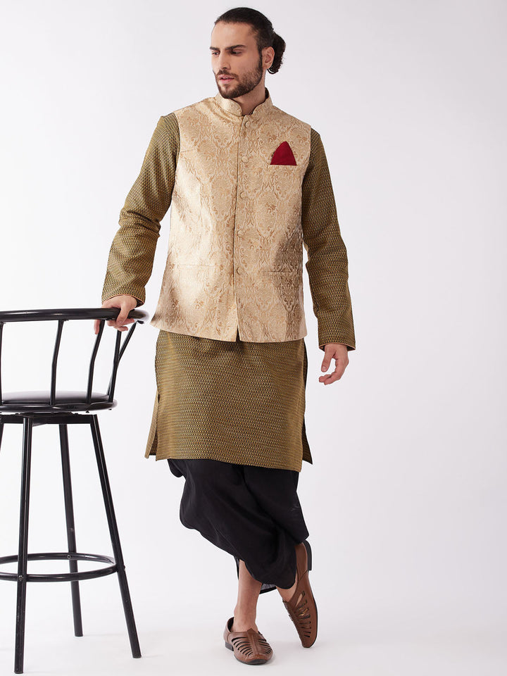 Sarvati Men's Rose Gold Jacquard Jacket With Kurta Dhoti Set