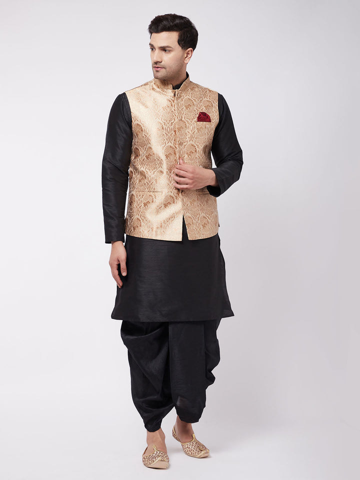 Sarvati Men's Rose Gold Jacquard Jacket With Kurta Dhoti Set