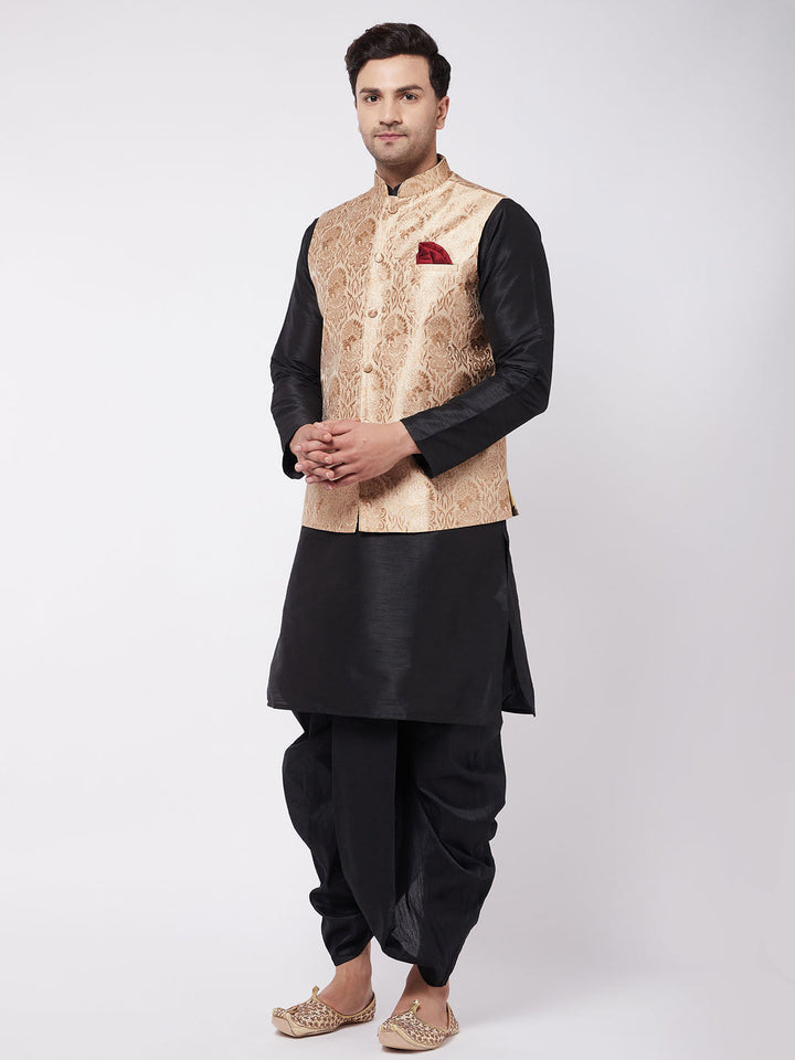 Sarvati Men's Rose Gold Jacquard Jacket With Kurta Dhoti Set