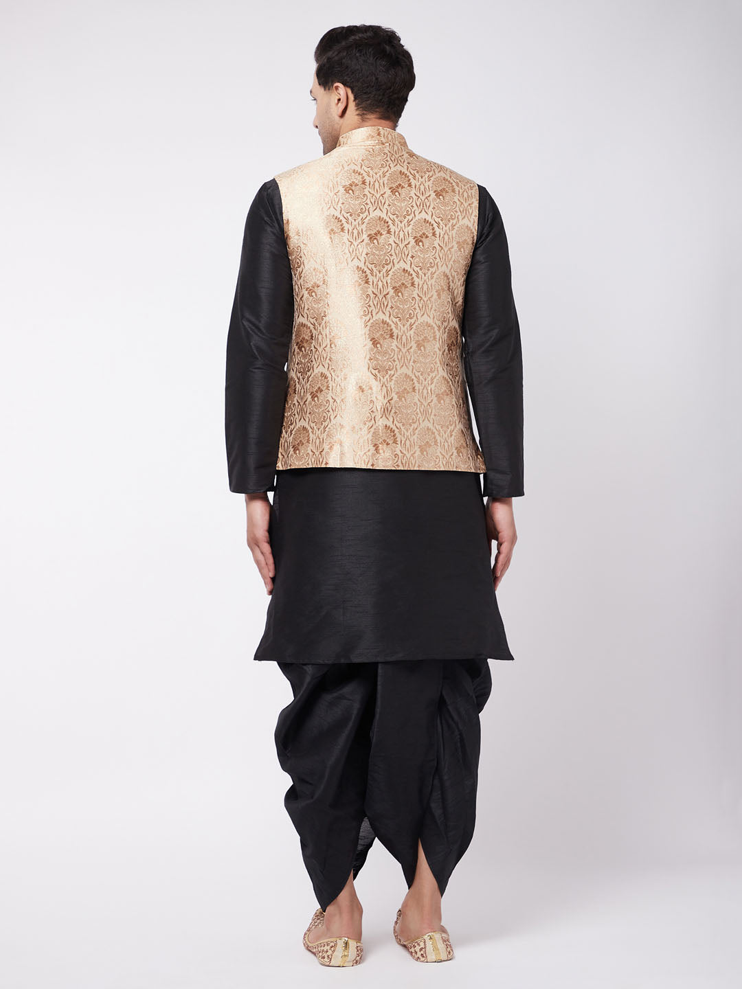 Sarvati Men's Rose Gold Jacquard Jacket With Kurta Dhoti Set