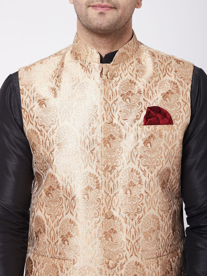 Sarvati Men's Rose Gold Jacquard Jacket With Kurta Dhoti Set