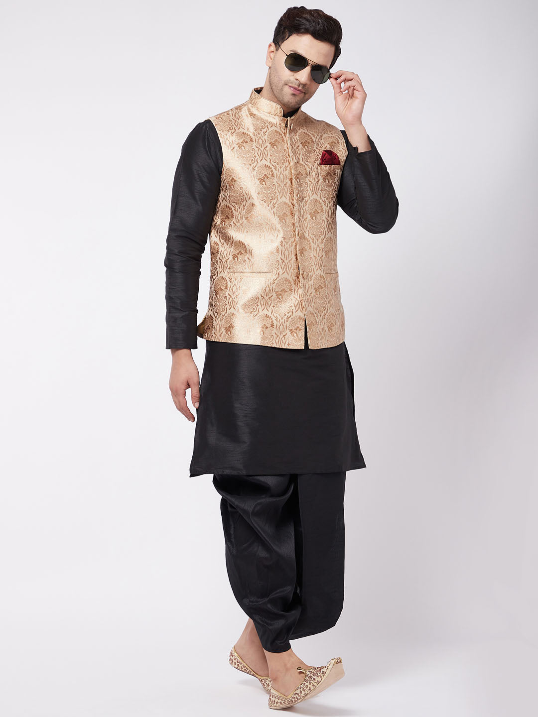 Sarvati Men's Rose Gold Jacquard Jacket With Kurta Dhoti Set