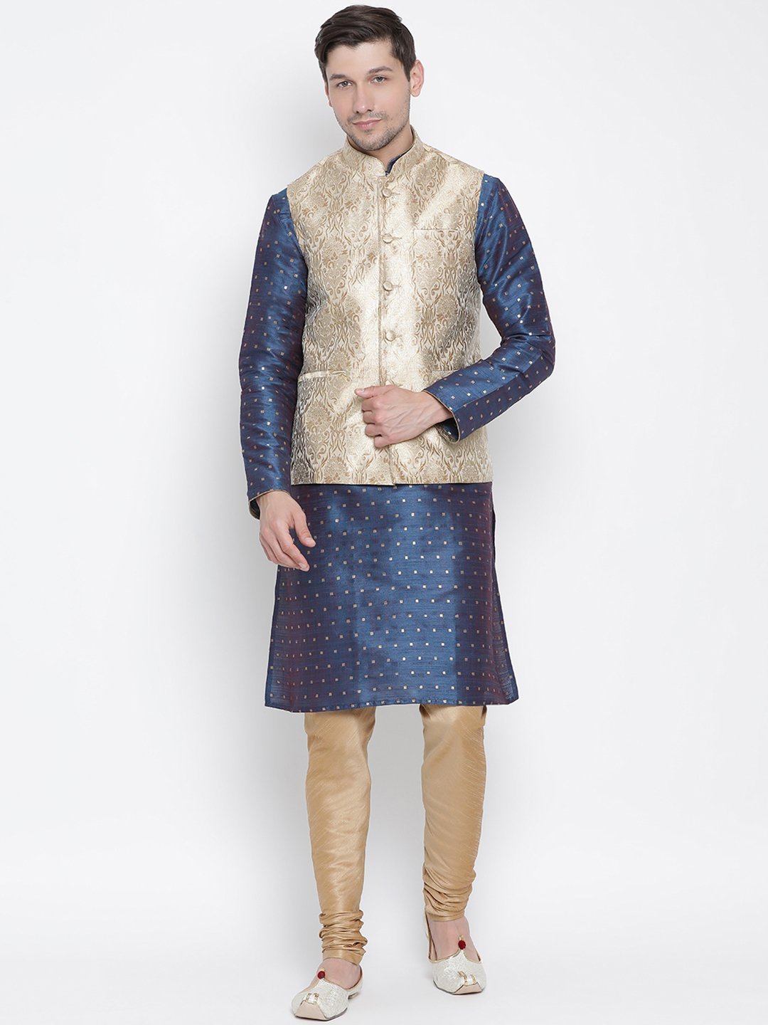 Sarvati Men's Rose Gold Jacquard Jacket With Kurta Pyjama Set