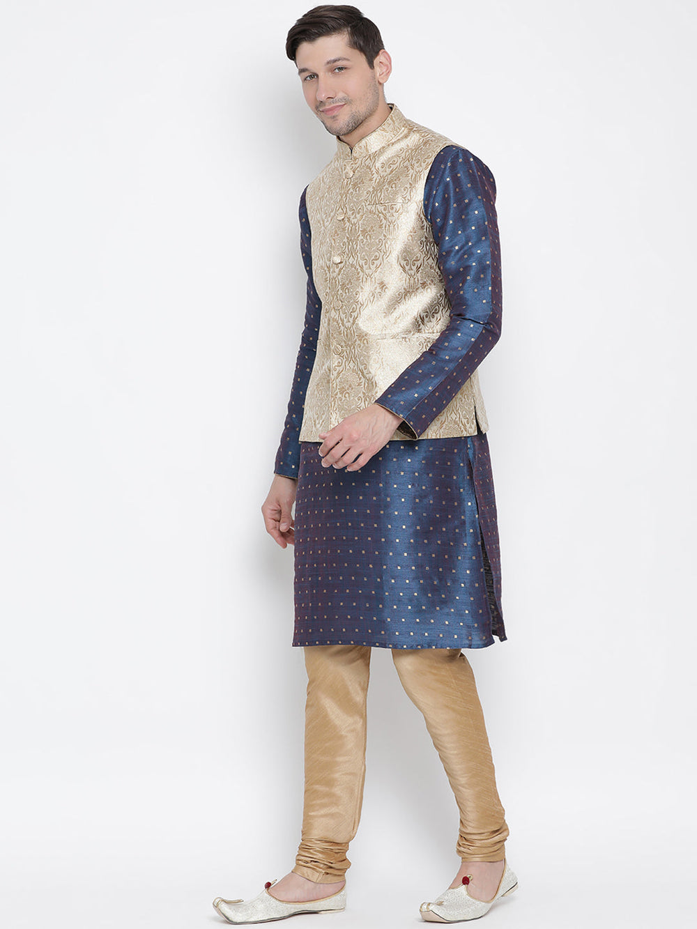 Sarvati Men's Rose Gold Jacquard Jacket With Kurta Pyjama Set