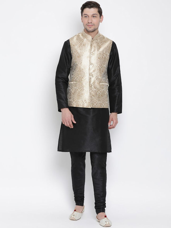 Sarvati Men's Rose Gold Jacquard Jacket With Kurta Pyjama Set