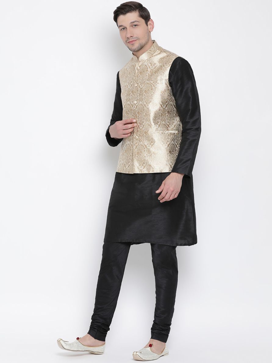 Sarvati Men's Rose Gold Jacquard Jacket With Kurta Pyjama Set