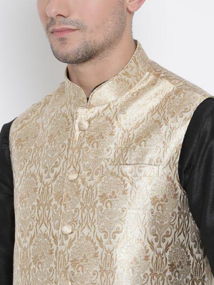 Sarvati Men's Rose Gold Jacquard Jacket With Kurta Pyjama Set