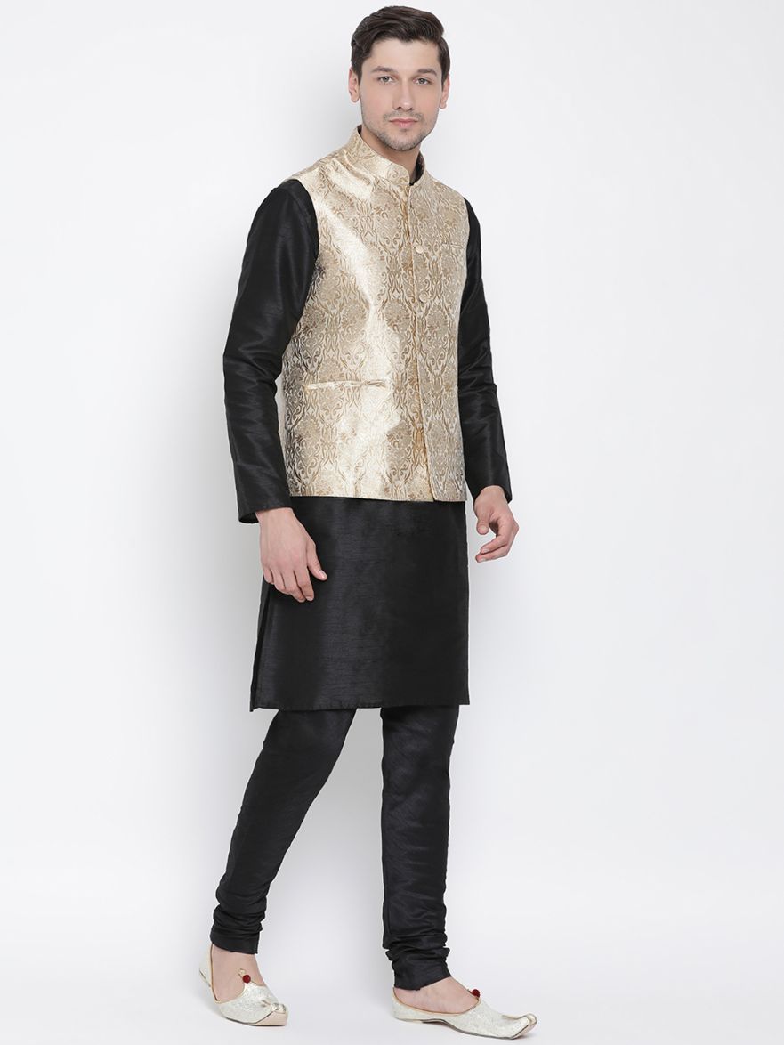 Sarvati Men's Rose Gold Jacquard Jacket With Kurta Pyjama Set