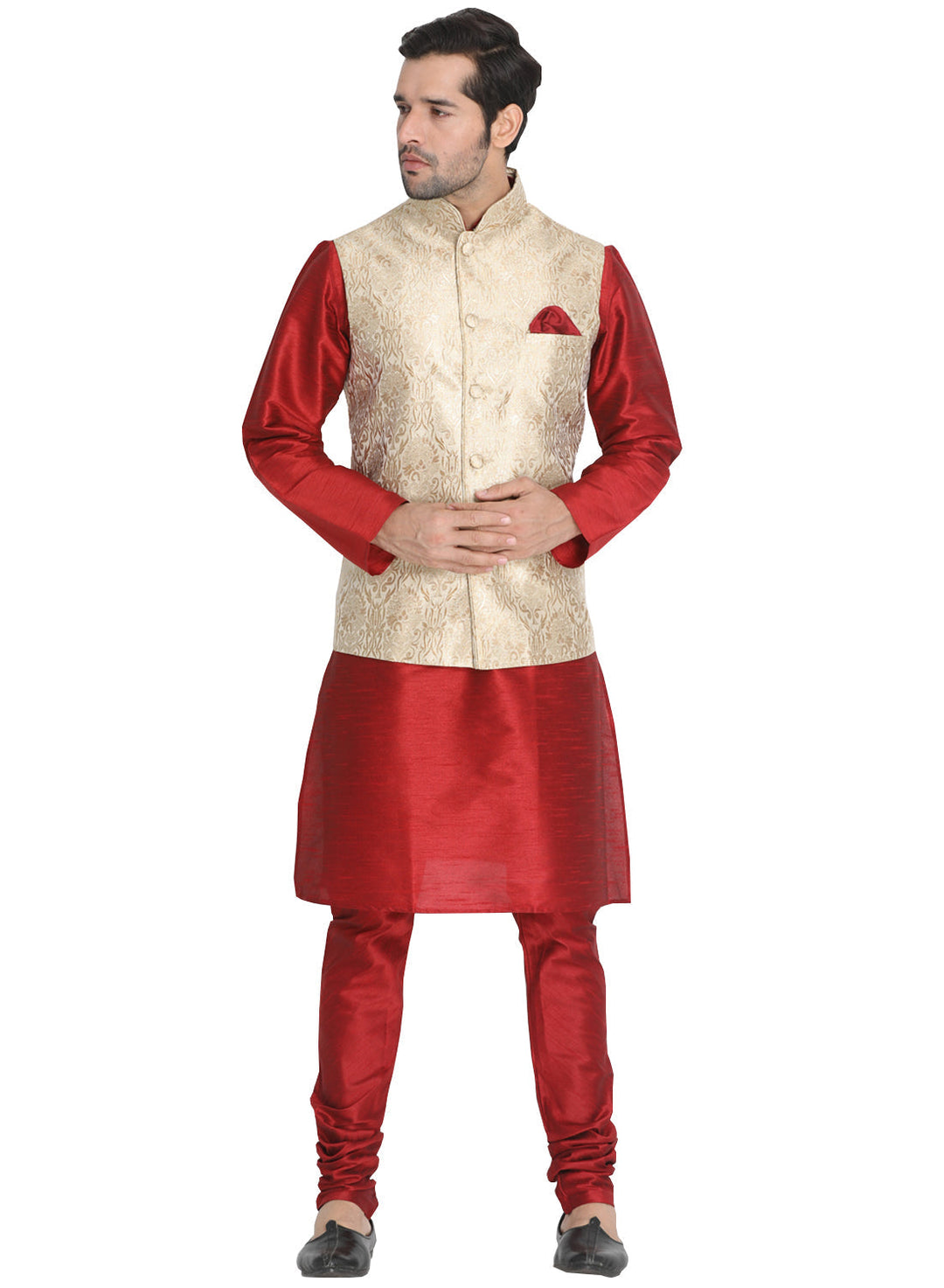 Sarvati Men's Rose Gold Jacquard Jacket With Kurta Pyjama Set