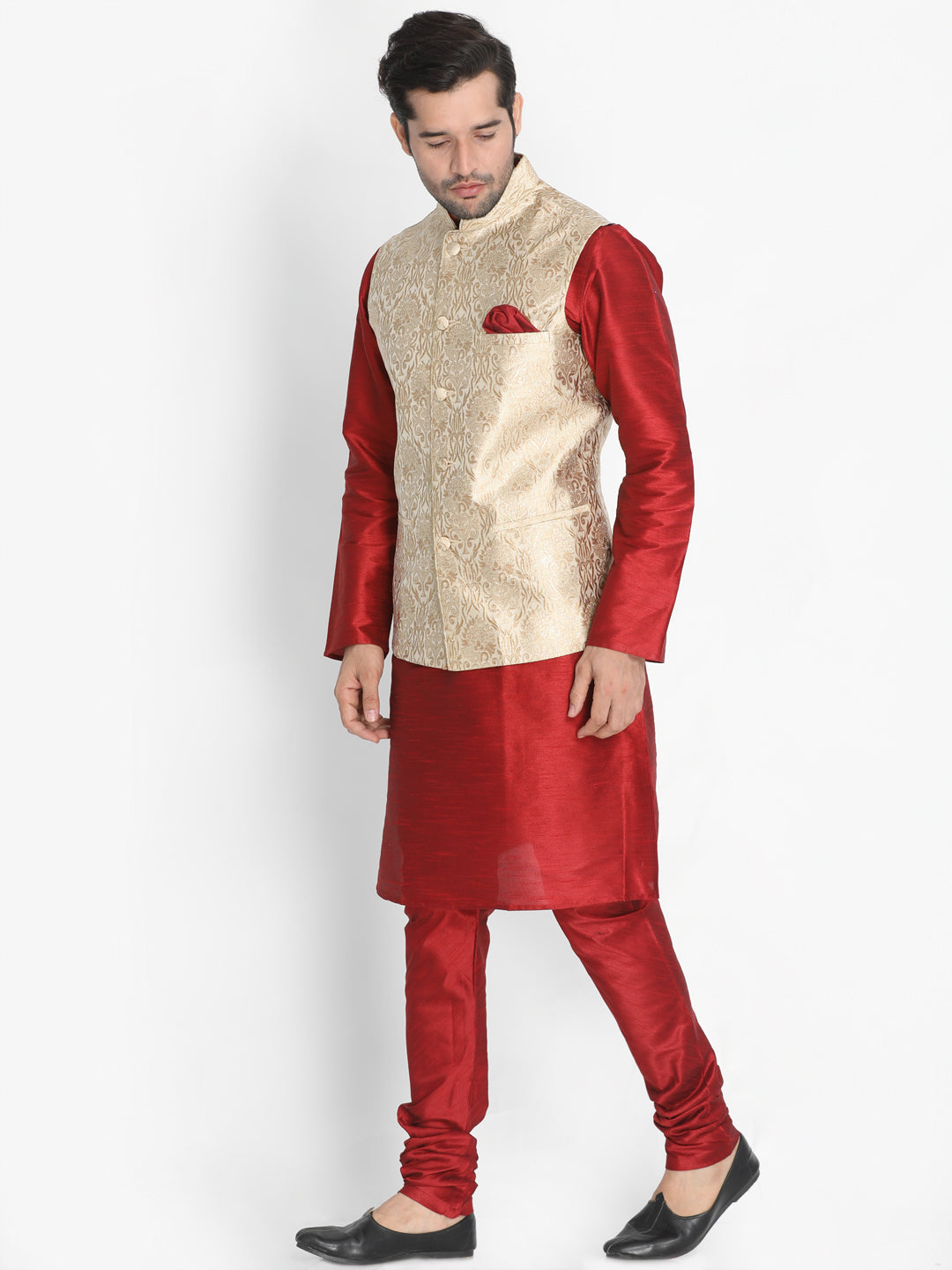 Sarvati Men's Rose Gold Jacquard Jacket With Kurta Pyjama Set