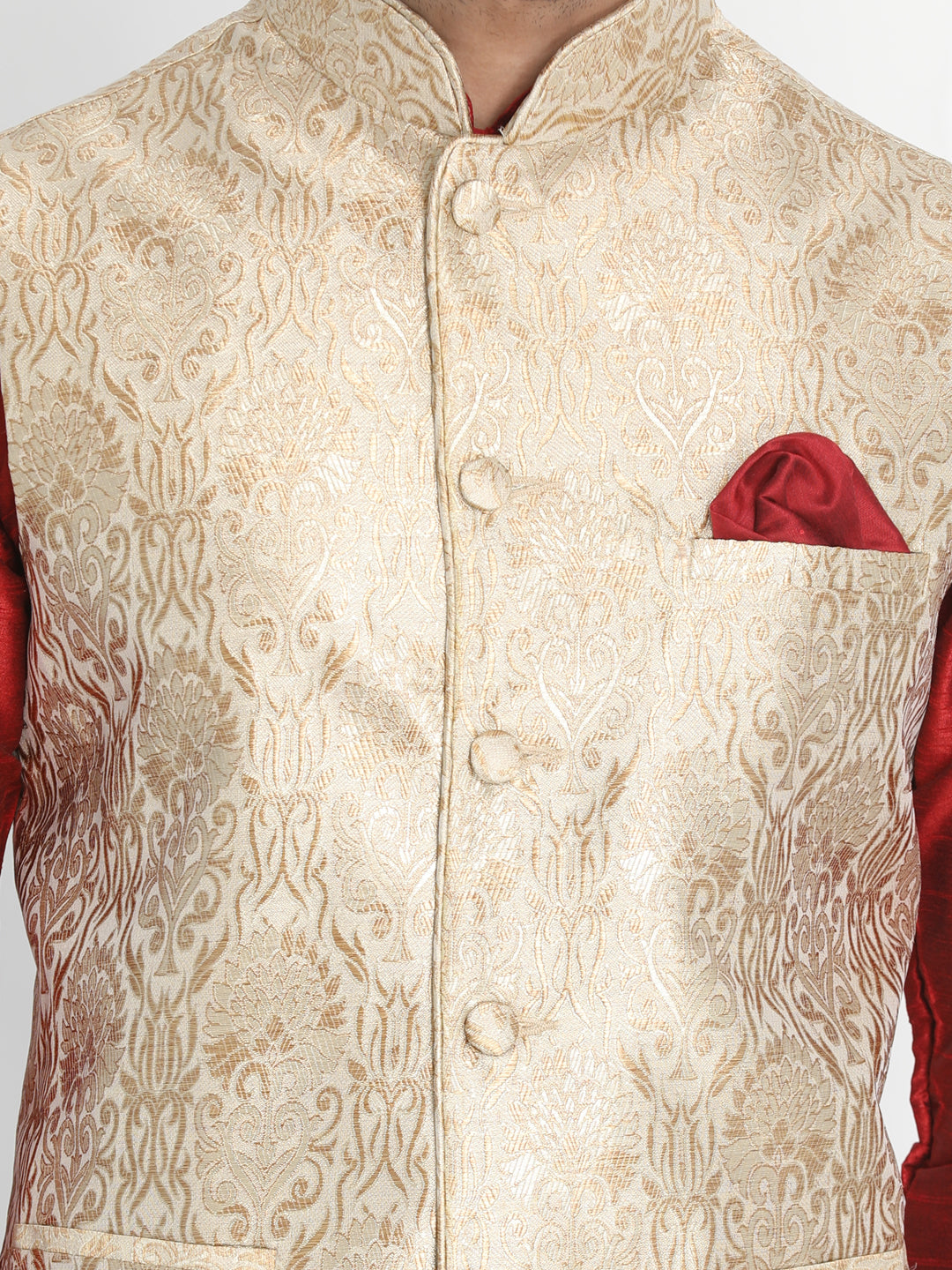 Sarvati Men's Rose Gold Jacquard Jacket With Kurta Pyjama Set