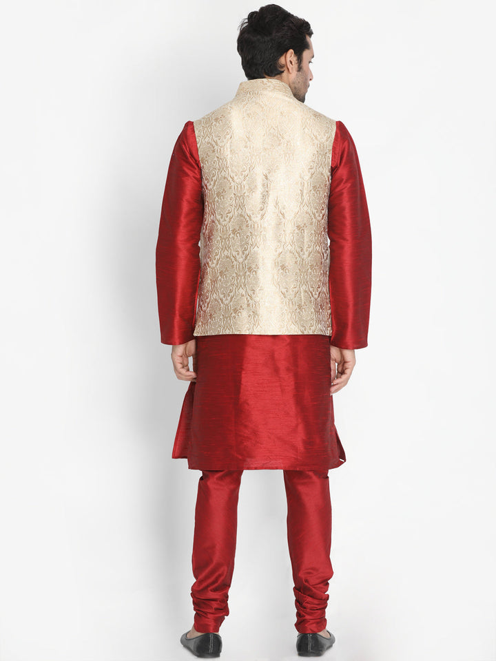 Sarvati Men's Rose Gold Jacquard Jacket With Kurta Pyjama Set