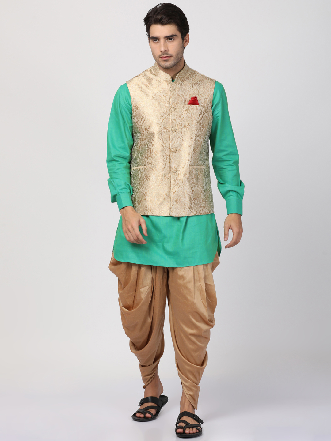 Sarvati Men's Turquoise Cotton Silk Blend Ethnic Jacket, Kurta and Dhoti Pant Set