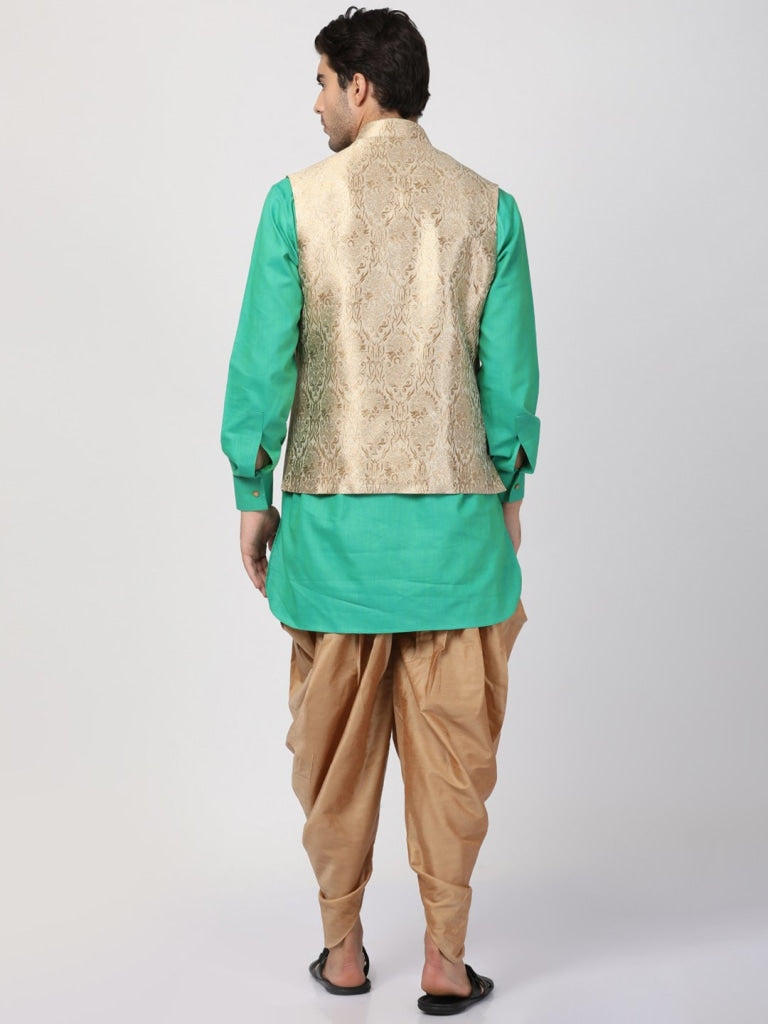 Sarvati Men's Turquoise Cotton Silk Blend Ethnic Jacket, Kurta and Dhoti Pant Set