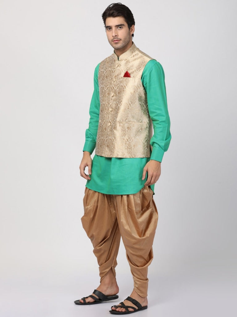 Sarvati Men's Turquoise Cotton Silk Blend Ethnic Jacket, Kurta and Dhoti Pant Set