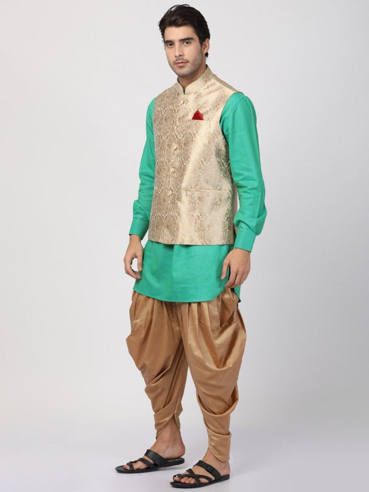 Sarvati Men's Turquoise Cotton Silk Blend Ethnic Jacket, Kurta and Dhoti Pant Set