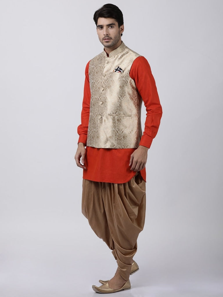 Sarvati Men's Orange Cotton Silk Blend Ethnic Jacket, Kurta and Dhoti Pant Set