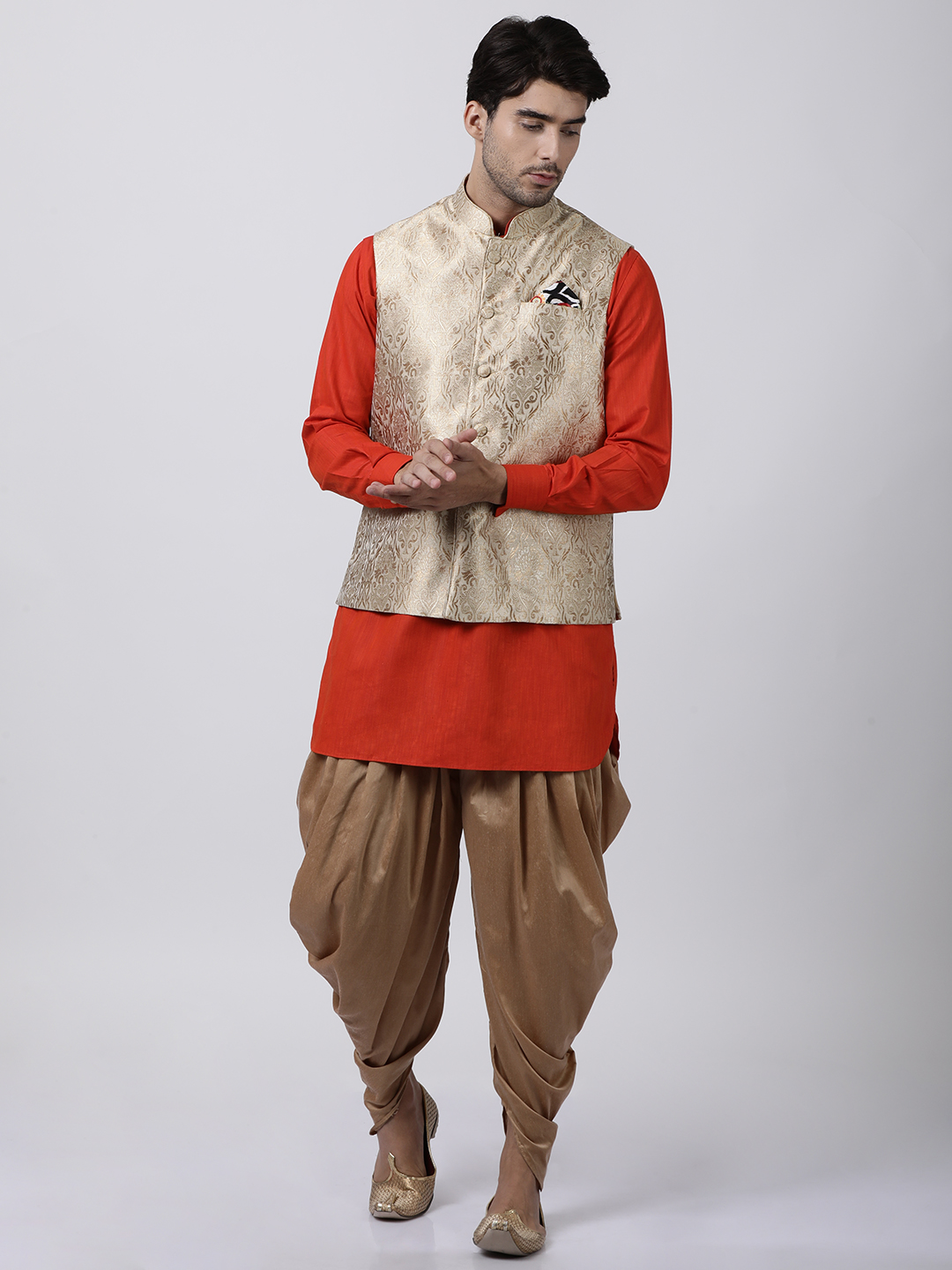 Sarvati Men's Orange Cotton Silk Blend Ethnic Jacket, Kurta and Dhoti Pant Set