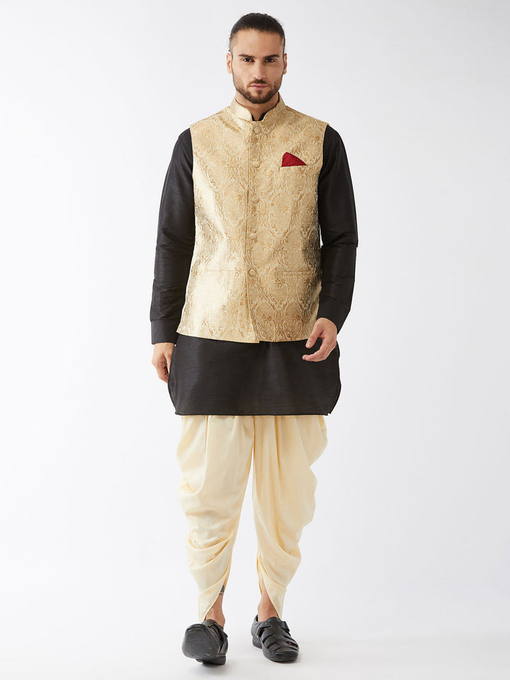 Sarvati Men's Rose Gold Banarasi Jacket With Black Silk Kurta and Gold Dhoti Set