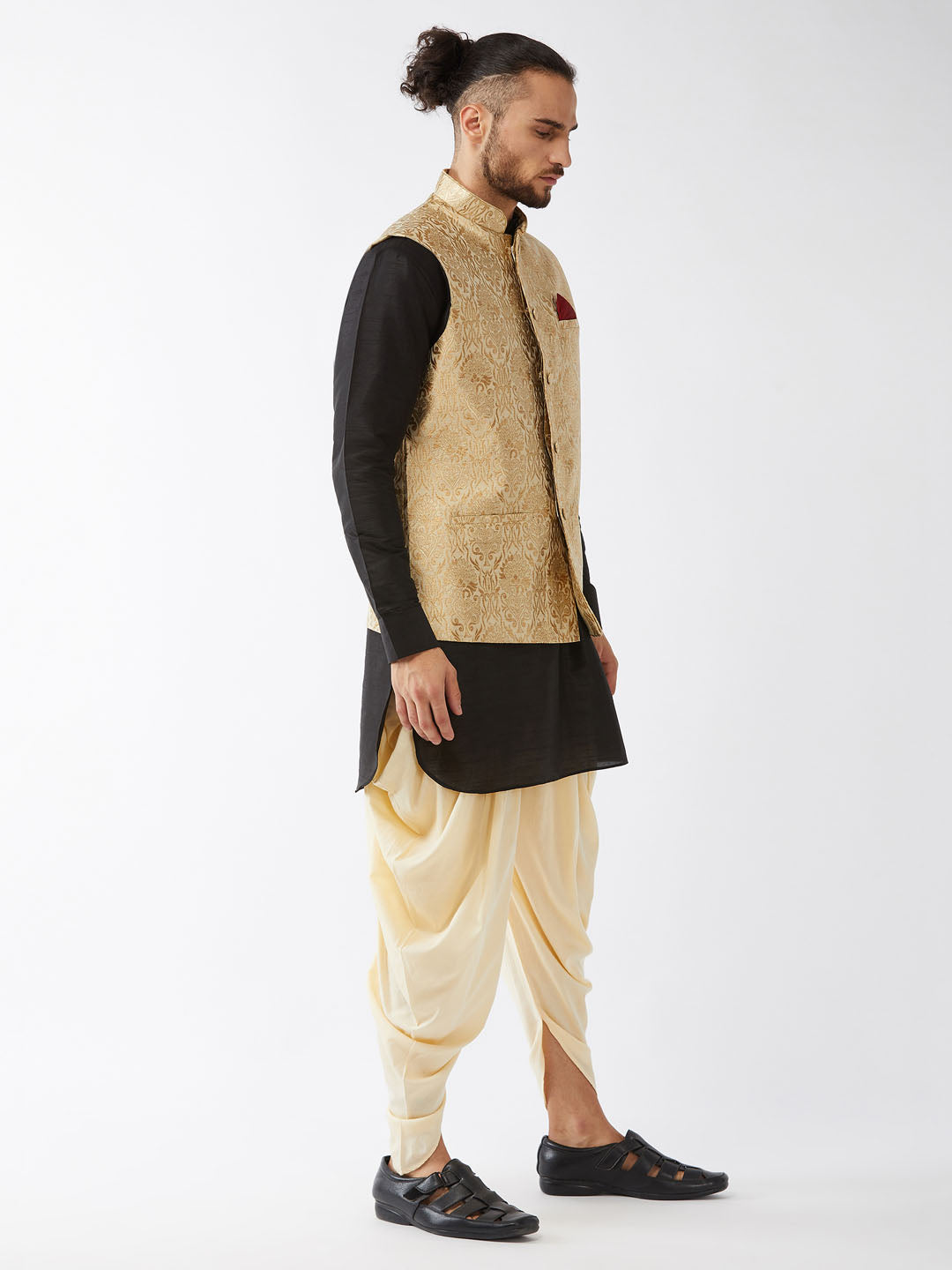 Sarvati Men's Rose Gold Banarasi Jacket With Black Silk Kurta and Gold Dhoti Set